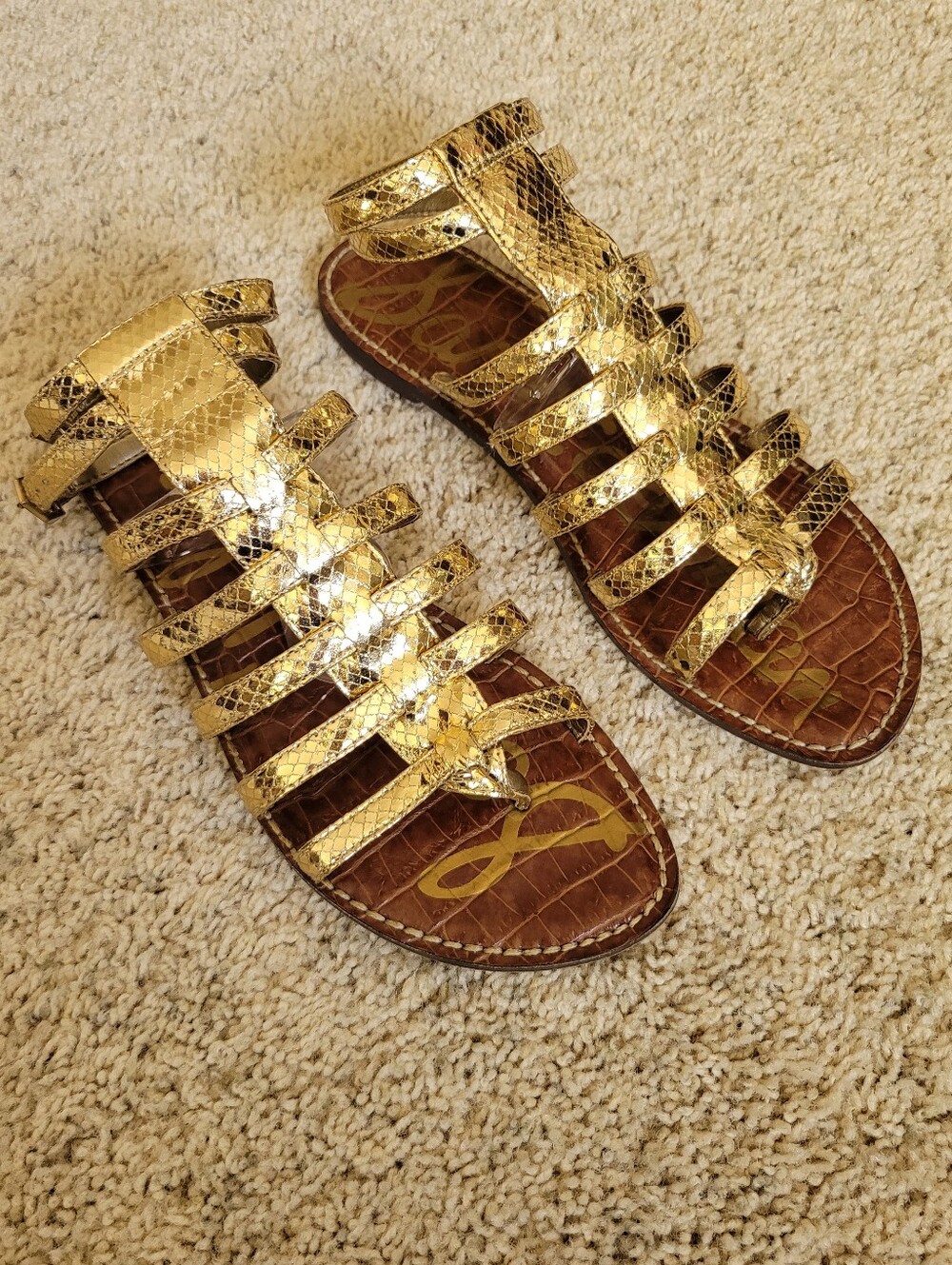 Stunning Gladiator, Gilda Metallic Gold Snakeprint Sandals  8